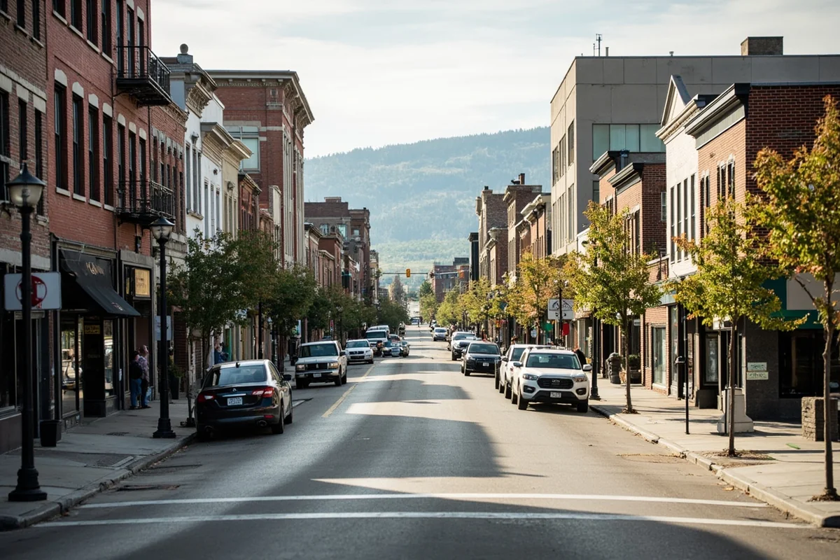 Downtown Bozeman street scene showing mix of historic buildings and modern development