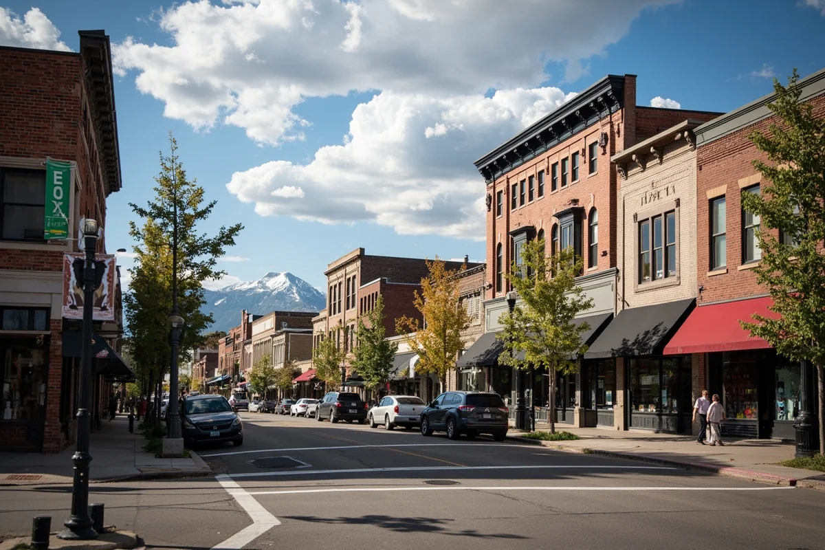 Downtown Bozeman street scene showing mix of historic buildings and upscale shops