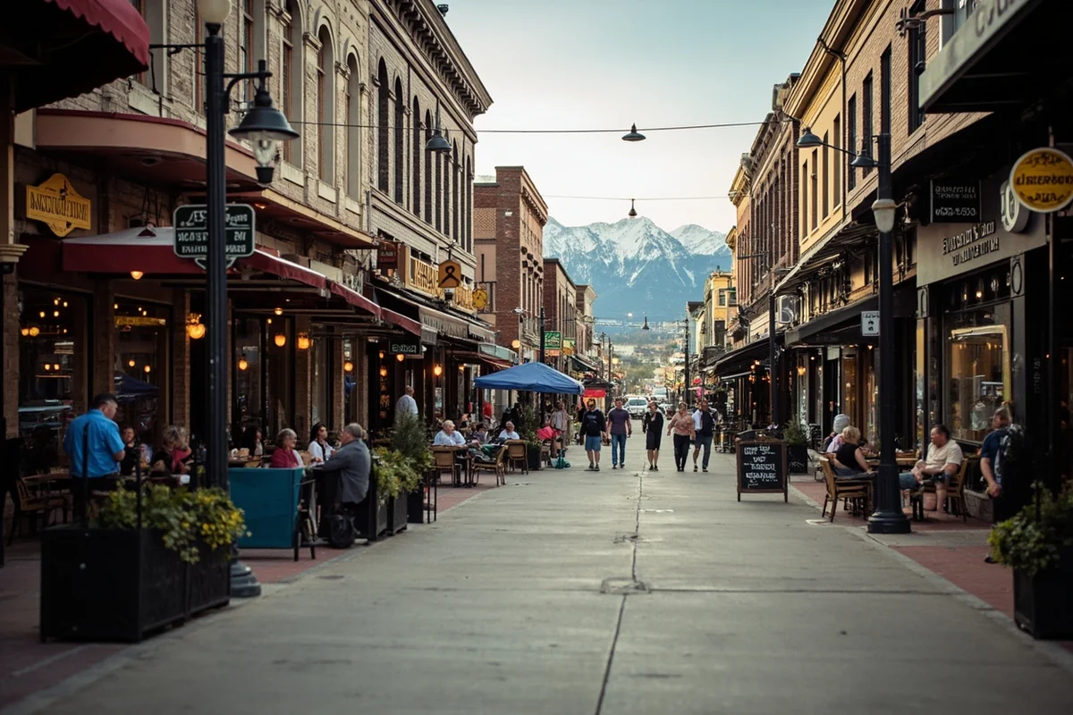 Downtown Bozeman street scene showing restaurants and shops with pedestrians