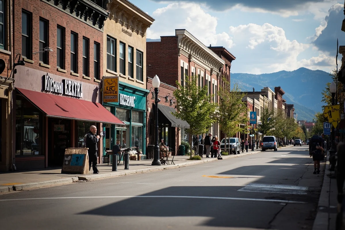 Downtown Bozeman street scene showing the mix of outdoor recreation shops and local businesses