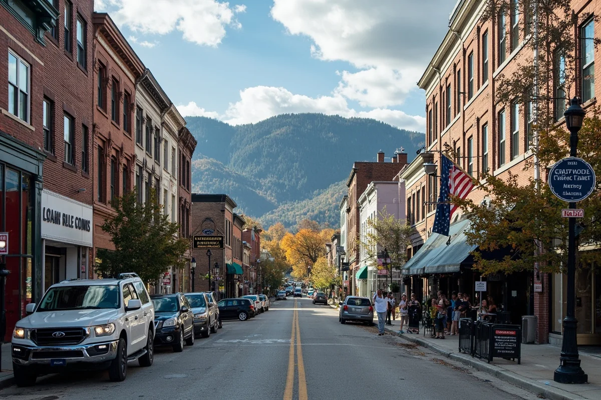 Downtown Great Falls street view with historic buildings and mountain backdrop