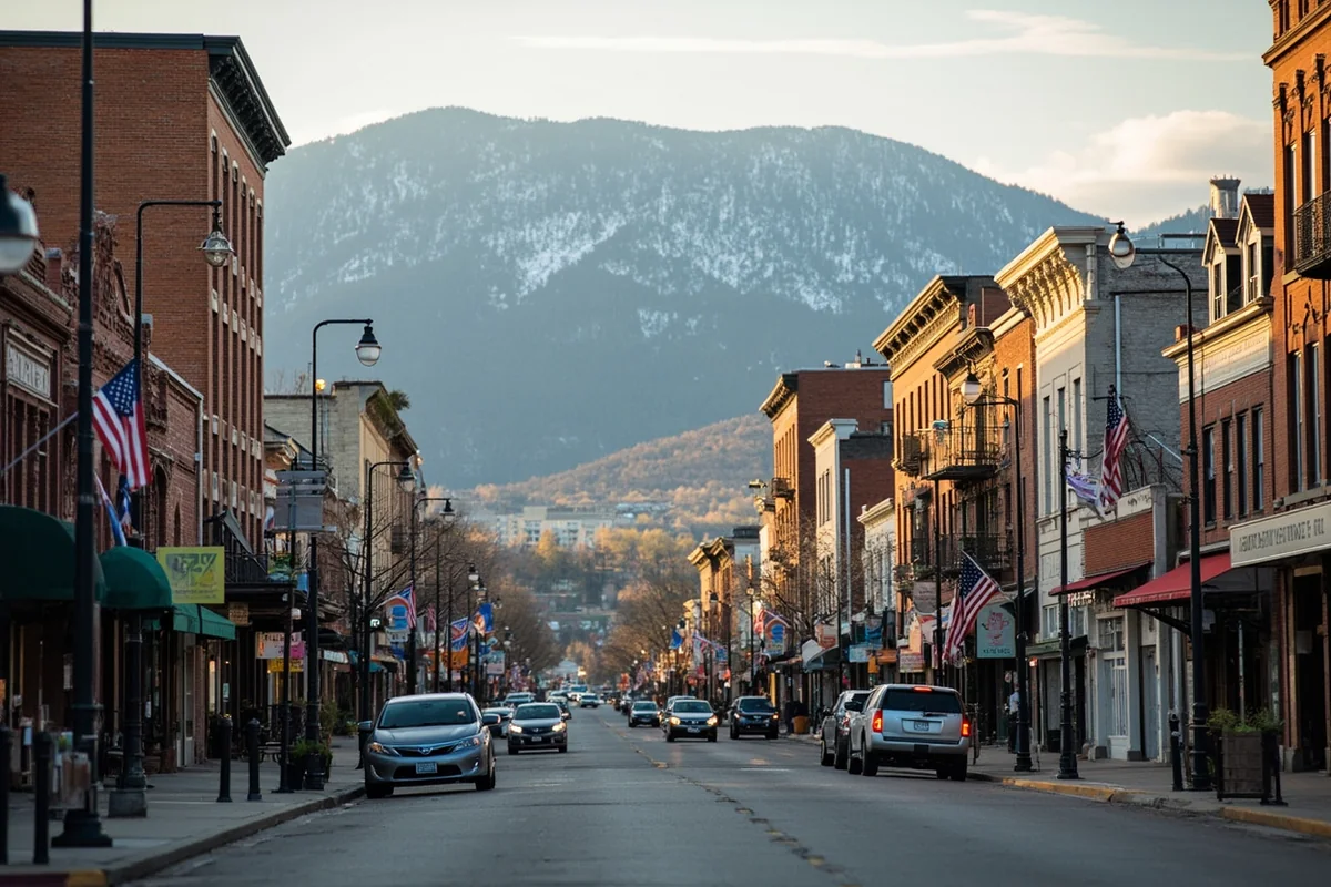 Downtown Helena street scene with historic buildings and mountain backdrop