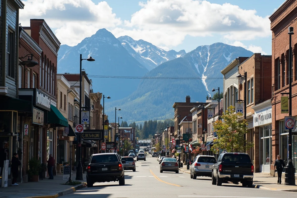 Downtown Libby street scene showing local businesses with Cabinet Mountains visible in background