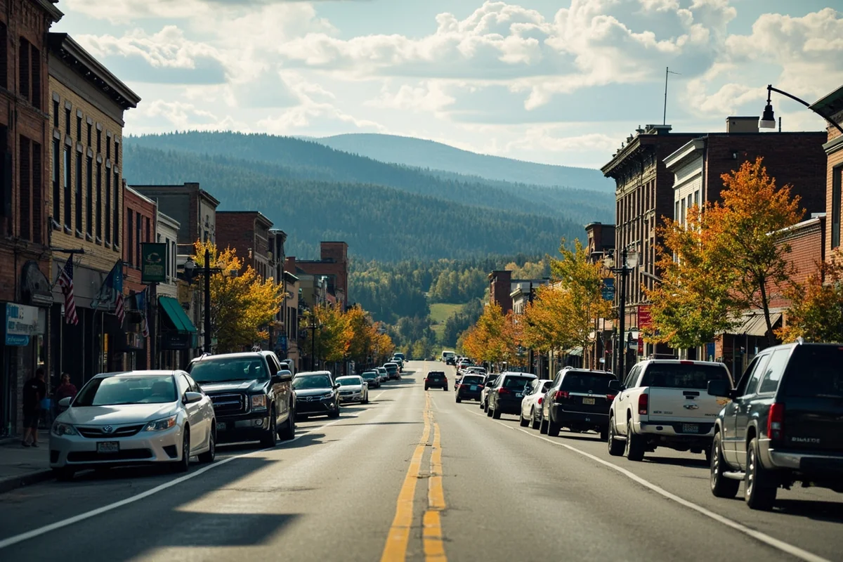 Downtown Lincoln, Montana showing the small mountain town's main street and surrounding forest