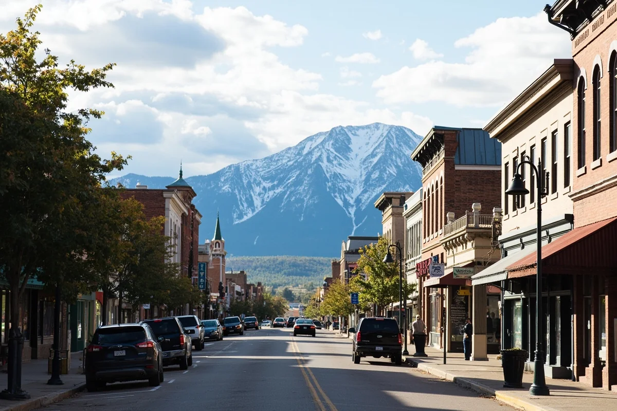 Downtown Livingston, Montana street scene with historic buildings and Absaroka Range in background