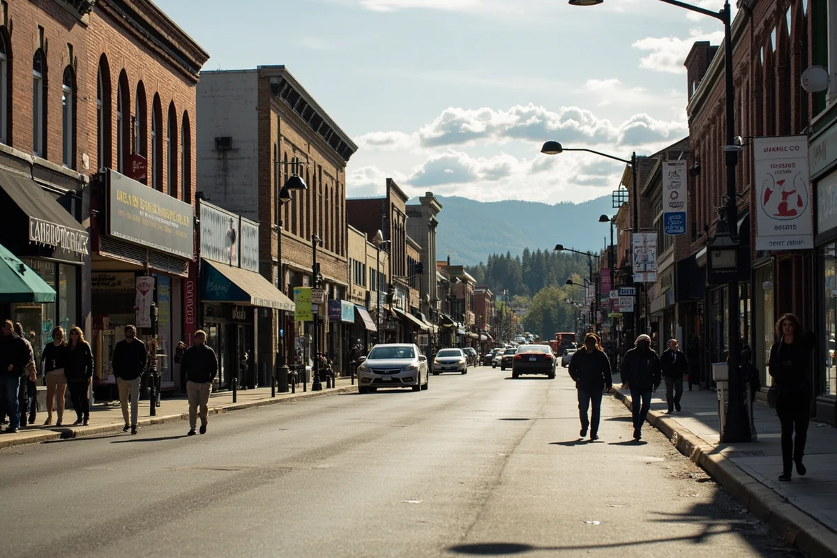 Downtown Missoula street scene showing diverse storefronts and pedestrians along Higgins Avenue