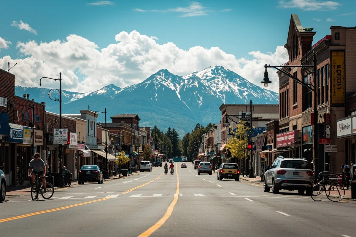 Downtown Missoula street scene showing independent shops, cyclists, and mountain backdrop