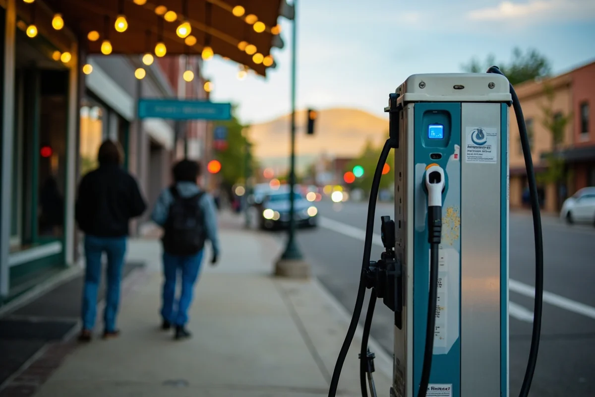 Downtown Missoula street scene with EV charging station visible
