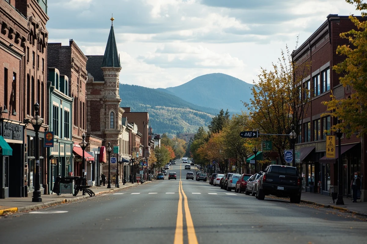 Downtown Missoula street scene with historic buildings and mountain backdrop