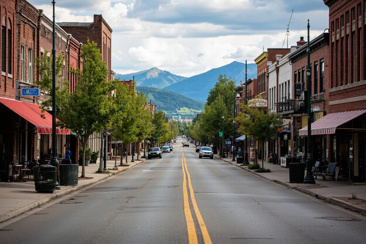 Downtown Missoula street scene with historic buildings, outdoor cafes, and mountain views in background