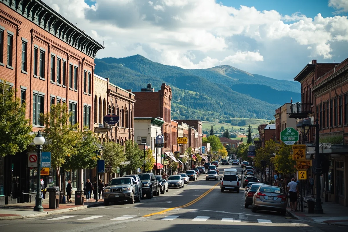 Downtown Missoula street scene with historic buildings and mountain backdrop