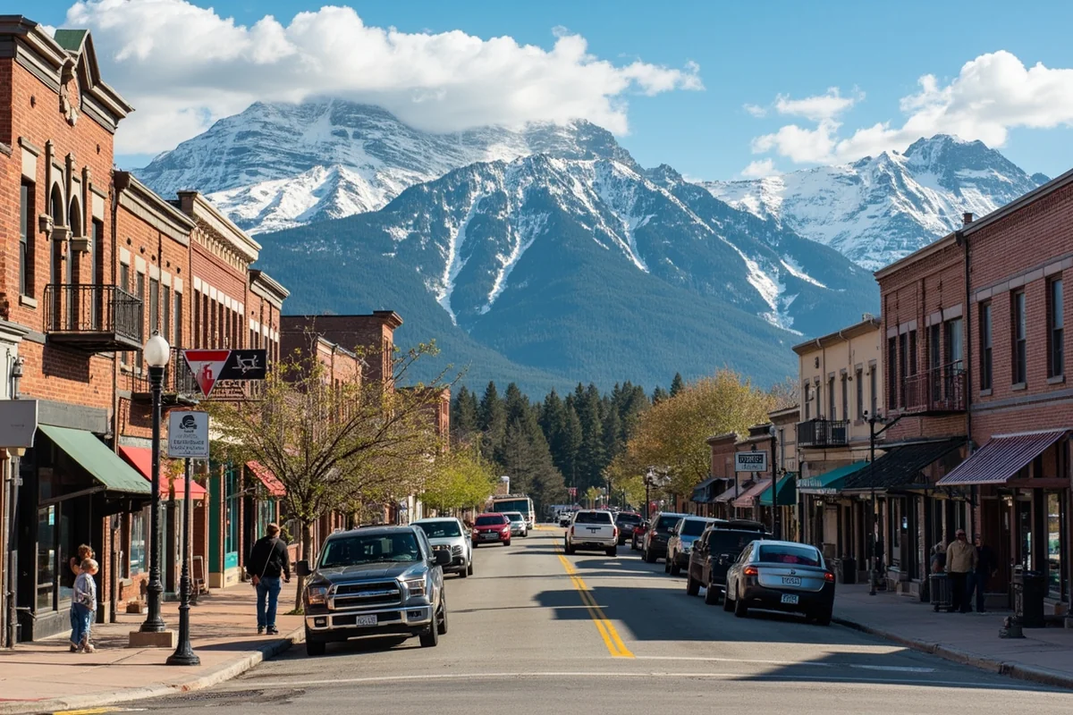 Downtown Red Lodge's historic main street with colorful storefronts and the Beartooth Mountains rising behind