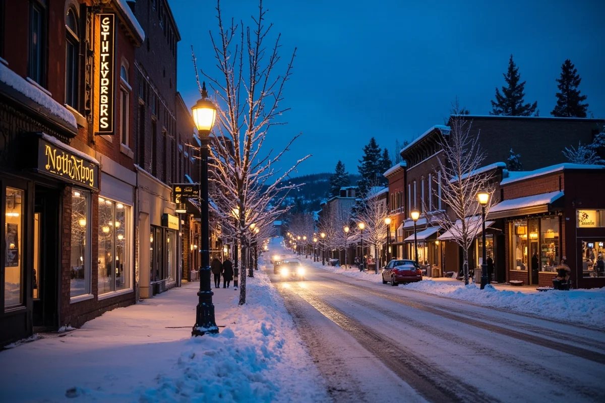 Downtown Whitefish Central Avenue in winter with snow-covered streets and local shops lit up at dusk
