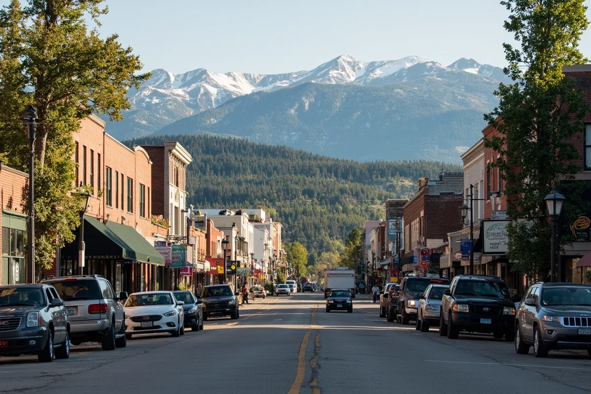 Downtown Whitefish Central Avenue with historic storefronts and mountain backdrop