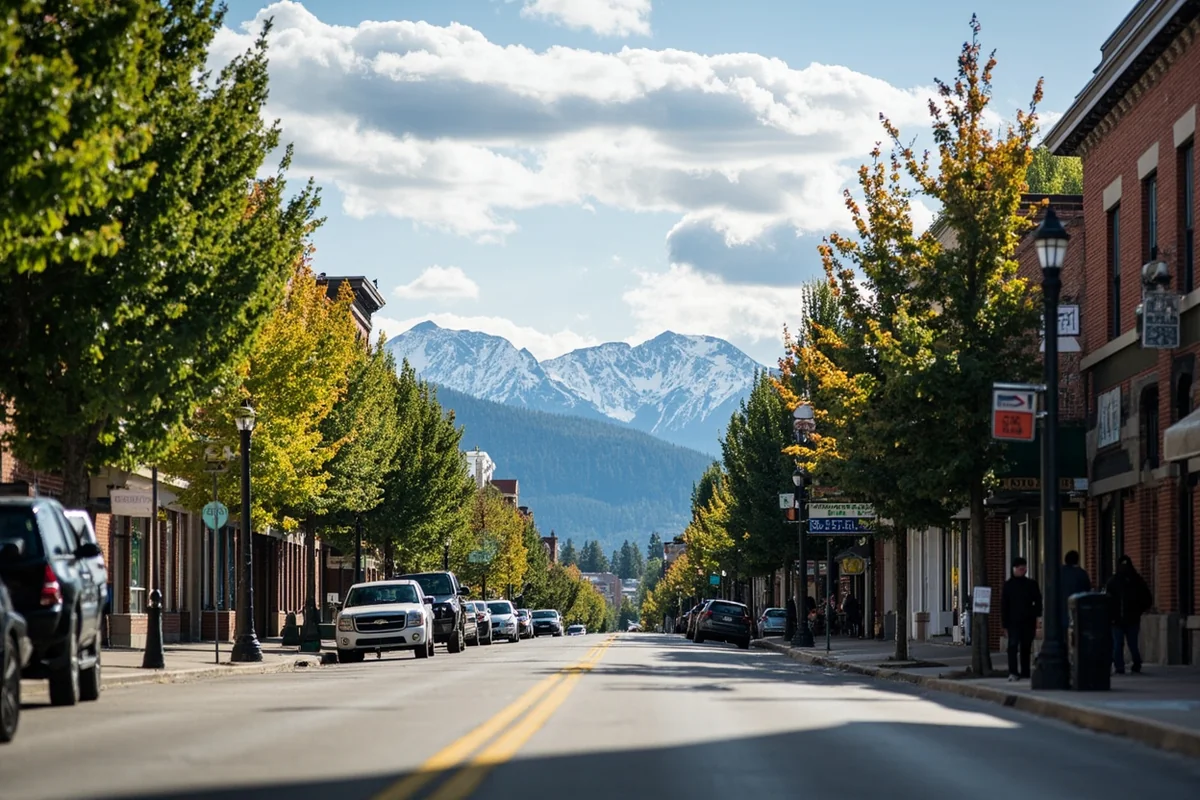 Downtown Whitefish Central Avenue with shops, pedestrians, and mountain backdrop