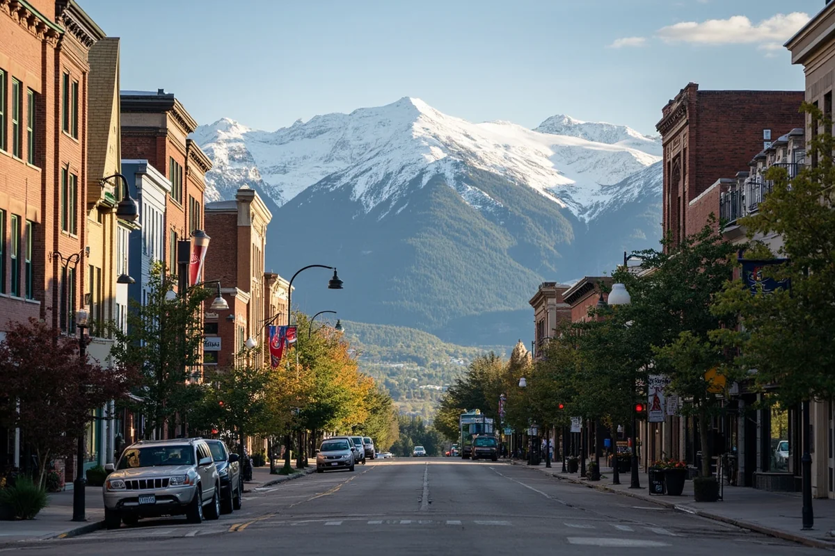 Downtown Whitefish Montana street scene with mountain views