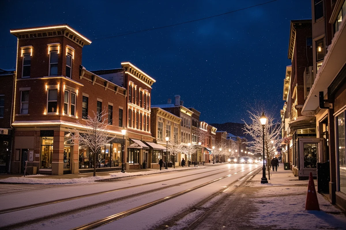 Downtown Whitefish's Central Avenue covered in snow with historic buildings and twinkling lights