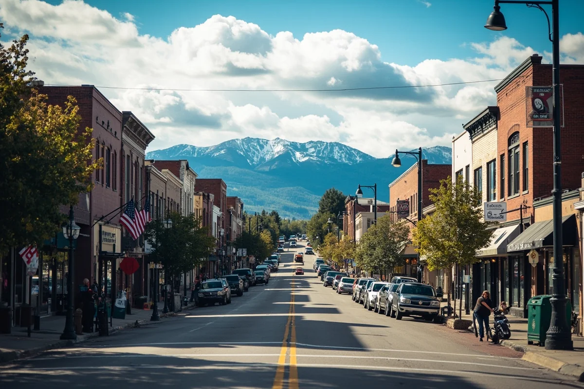 Downtown Whitefish's Central Avenue with mountain backdrop