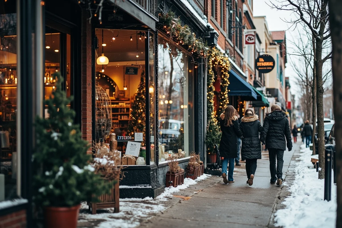 Downtown Whitefish storefronts along Central Avenue with holiday decorations and snow