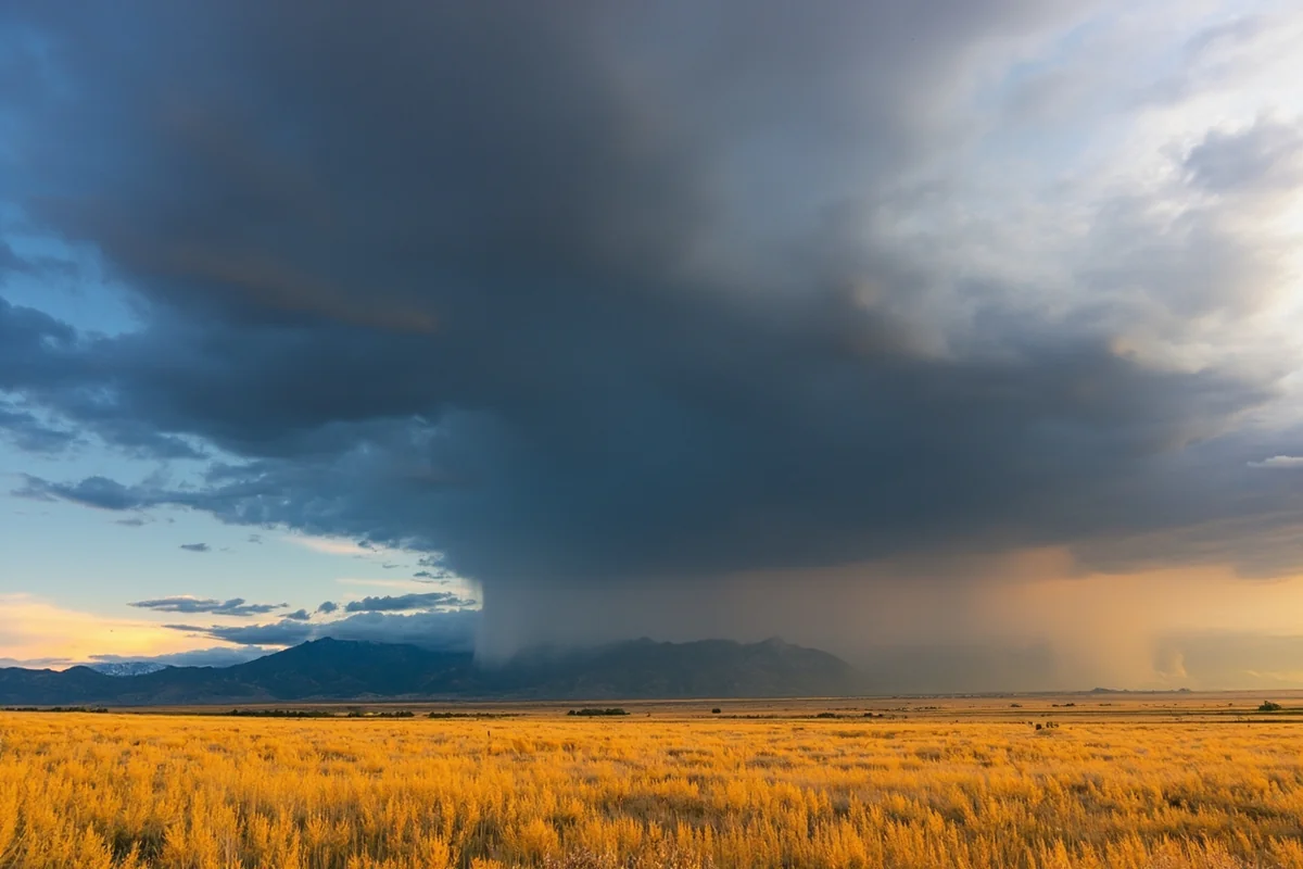 Dramatic afternoon thunderstorm building over Montana's mountains with golden prairie in foreground