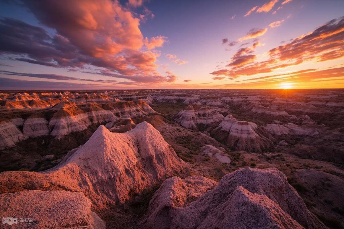 Dramatic badlands formations at Makoshika State Park at golden hour