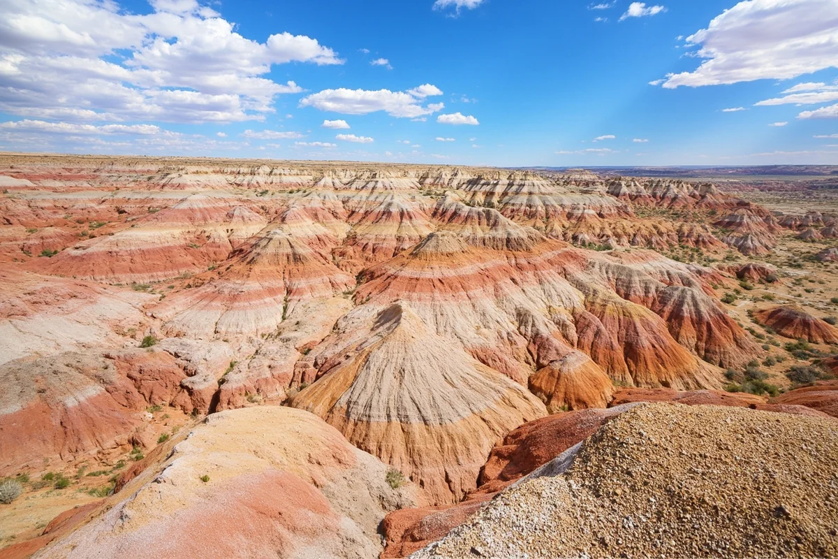 Dramatic Badlands formations south of Miles City with colorful striped rock layers and eroded buttes under a big sky