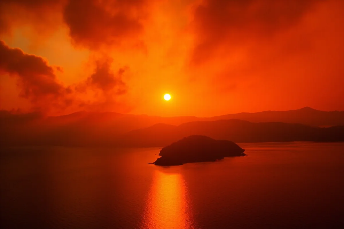 Dramatic orange sunset through wildfire smoke over Flathead Lake