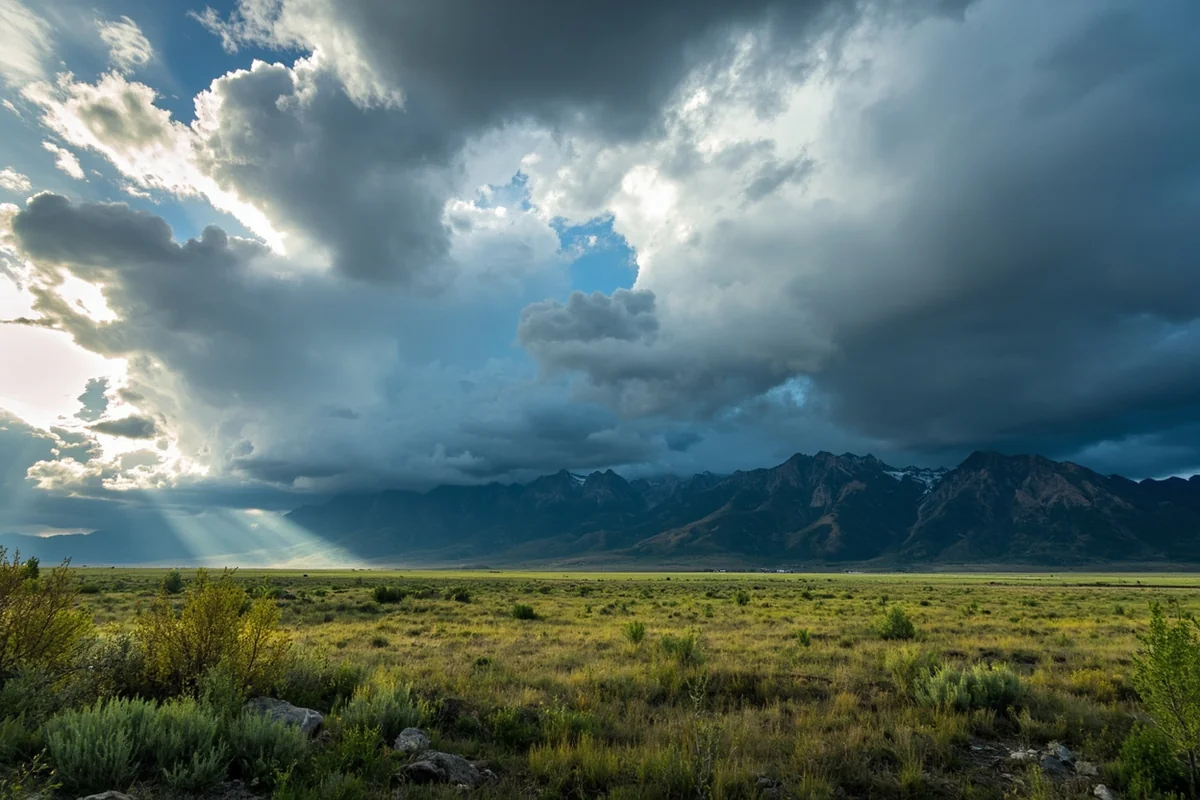 Dramatic spring storm clouds over Paradise Valley with Absaroka Range in background