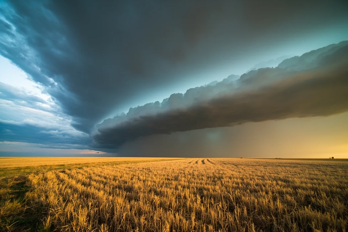 Dramatic storm shelf cloud approaching over the wheat fields near Havre, Montana