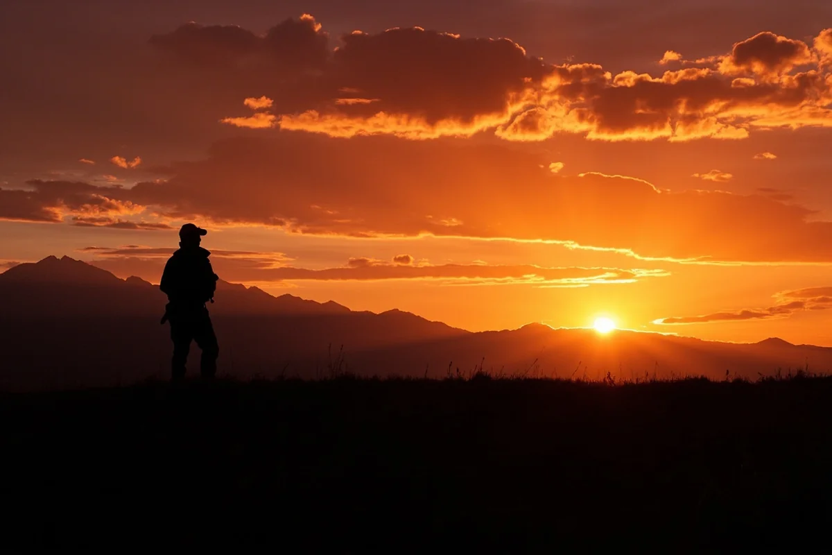 Dramatic sunset over Montana's Rocky Mountain Front with silhouetted hunter