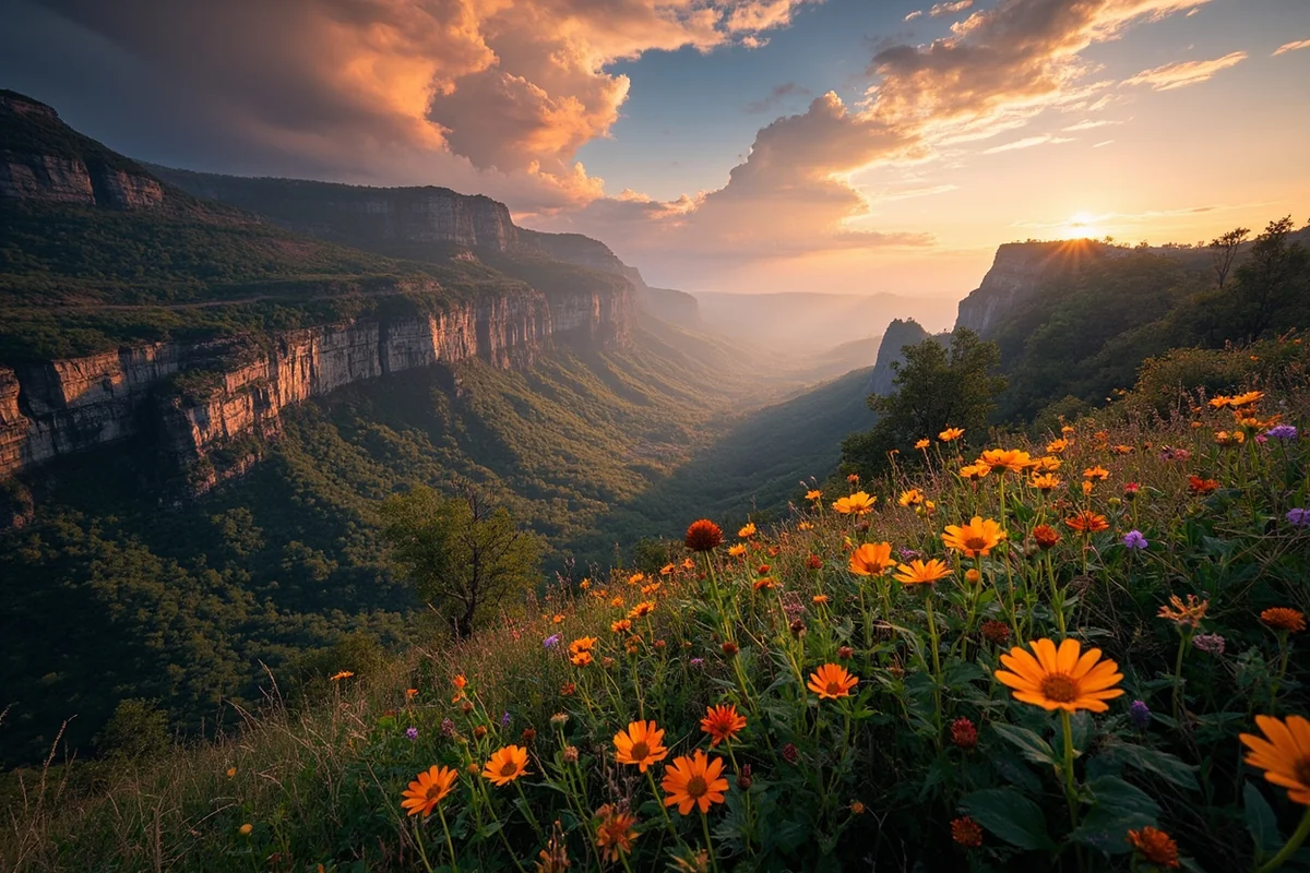 Dramatic view of Garden Wall from Highline Trail with wildflowers in foreground