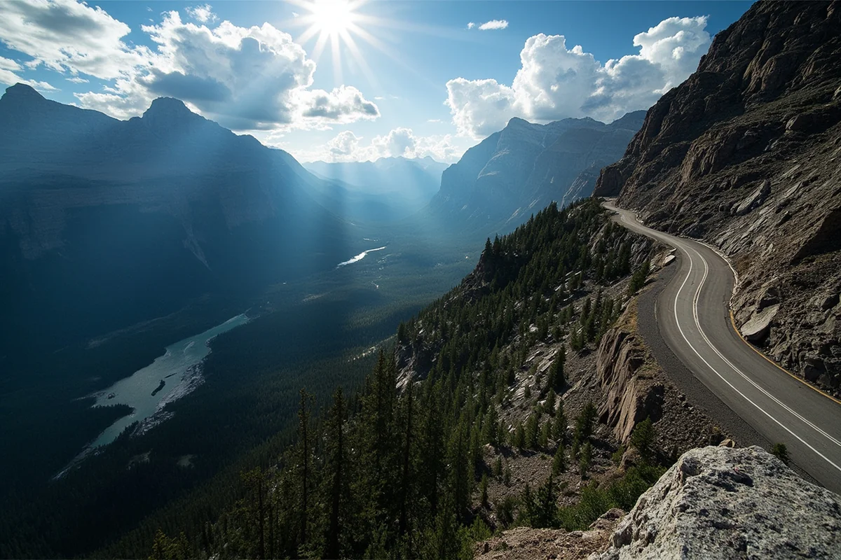 Dramatic view of Going-to-the-Sun Road carved into mountainside with valley far below
