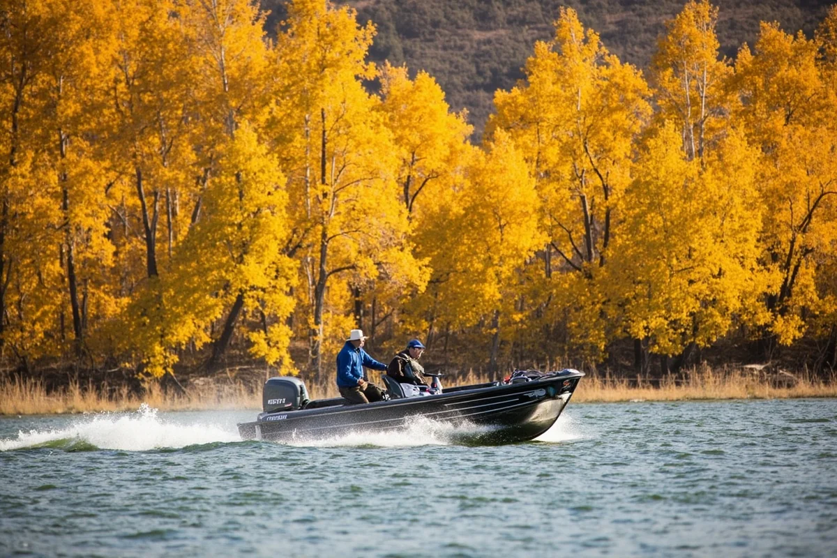 Drift boat on the Missouri River near Craig, Montana with golden cottonwood trees lining the banks