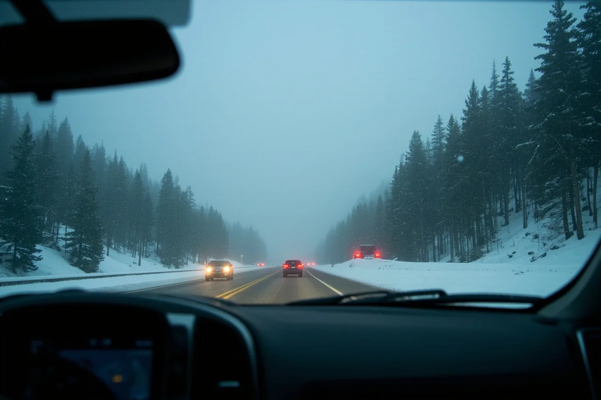 Driver's perspective of limited visibility conditions during Montana winter storm