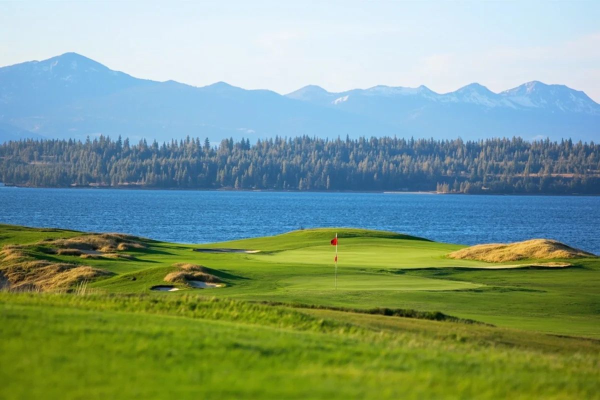 Eagle Bend Golf Club signature hole with Flathead Lake backdrop