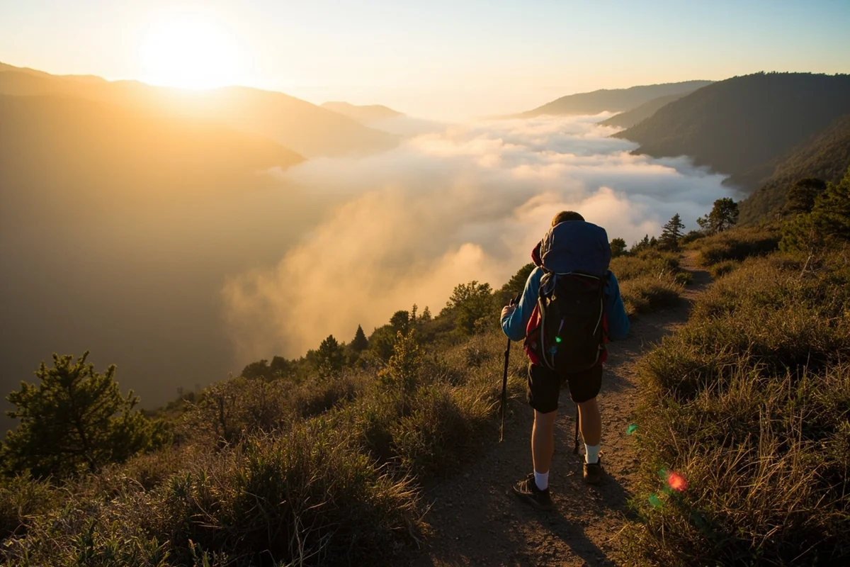 Early morning hiking scene on Highline Trail with few visitors, fog in valleys below