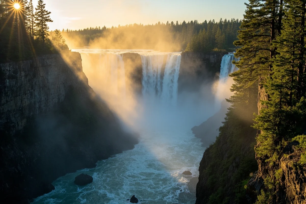 Early morning mist rising from Memorial Falls with soft golden light filtering through forest