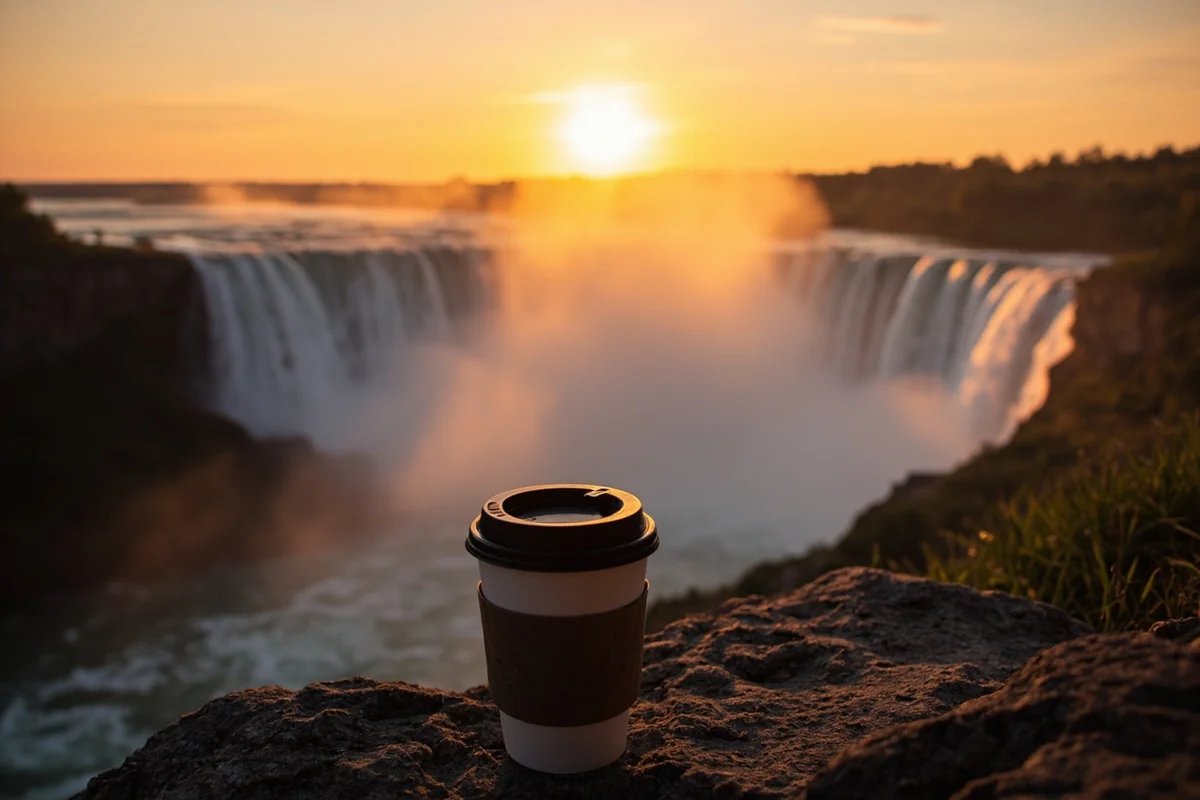 Early morning sunrise over Great Falls with coffee cup in foreground