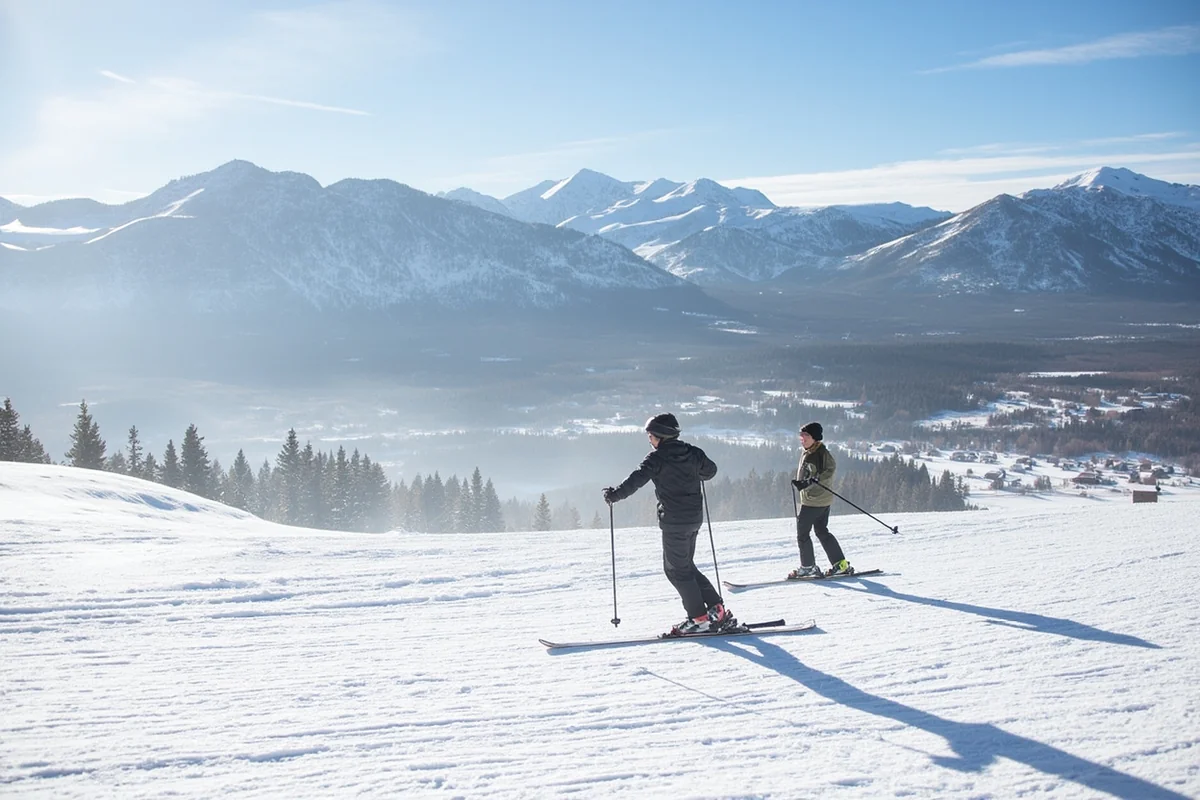 Early season skiers on groomed run at Big Sky Resort with mountain views