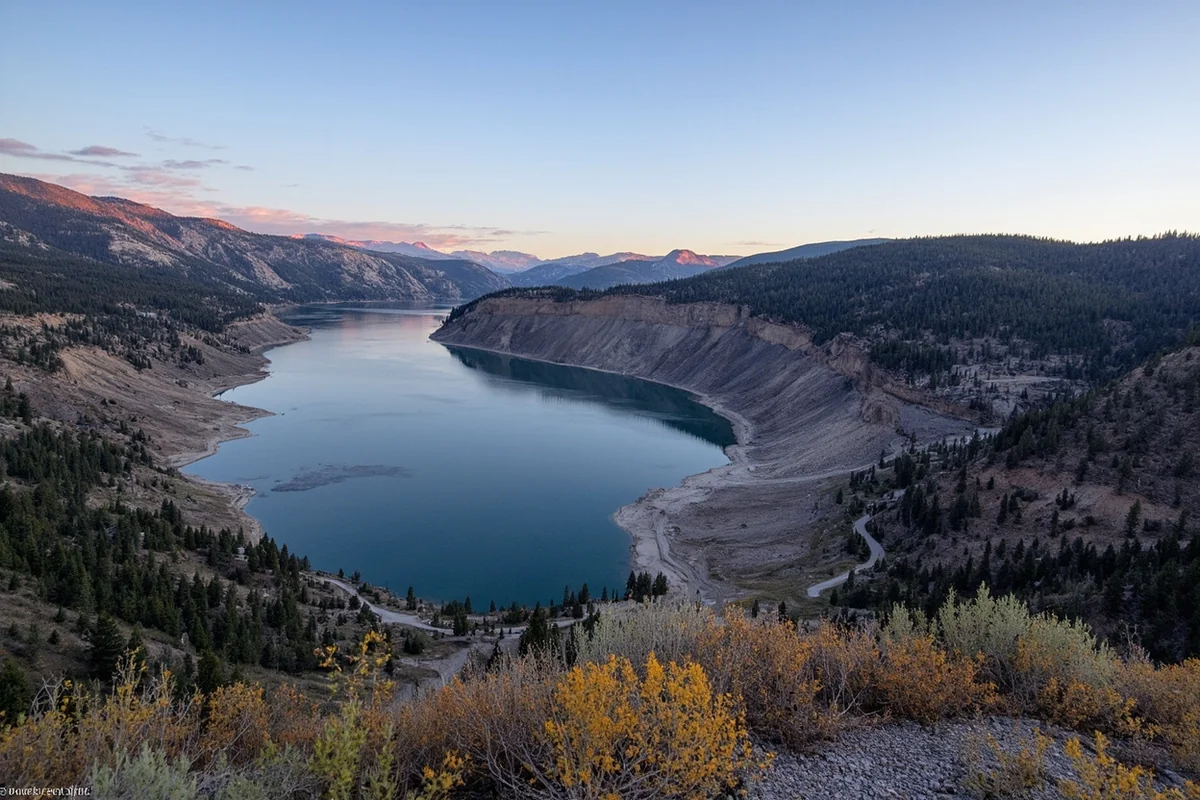 Earthquake Lake (Quake Lake) showing the Madison River canyon and the massive landslide area that created the lake in 1959