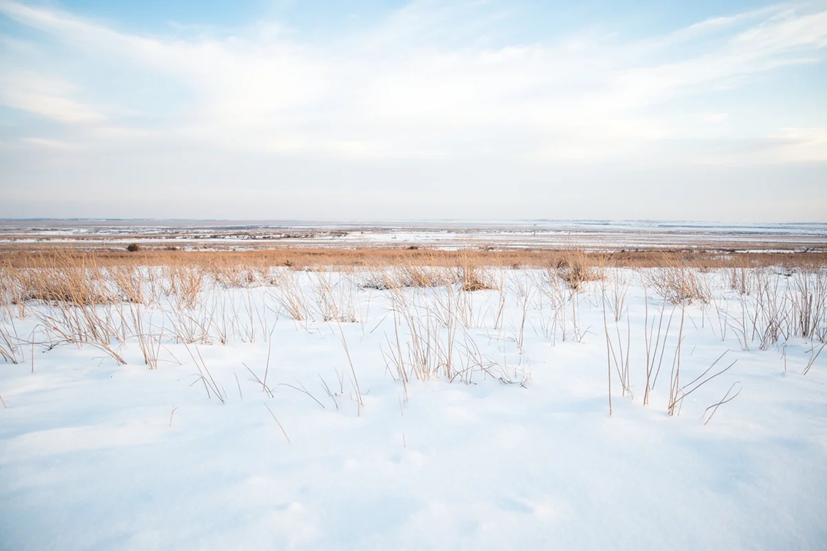 Eastern Montana landscape showing partial snow cover with brown prairie grass poking through