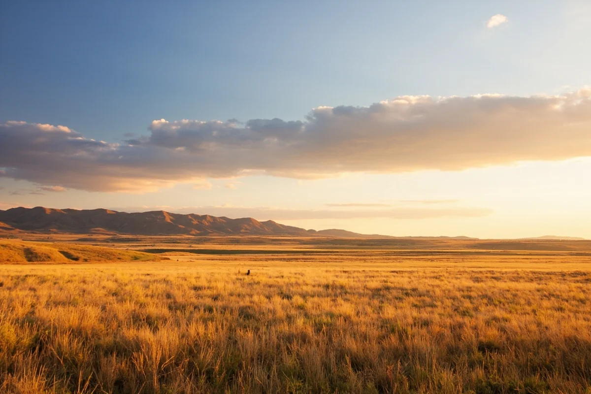 Eastern Montana prairie at golden hour with subtle rolling hills and endless sky