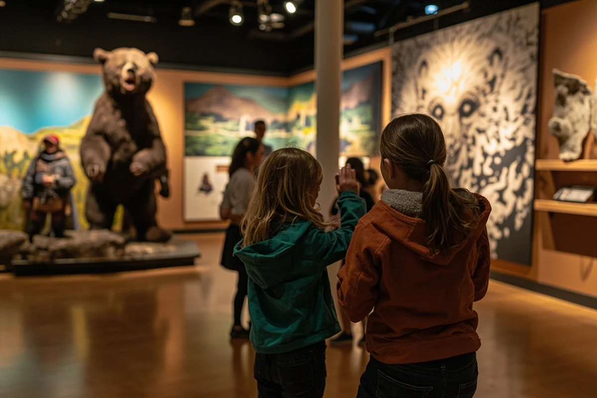 Educational indoor exhibit showing bear artifacts and displays