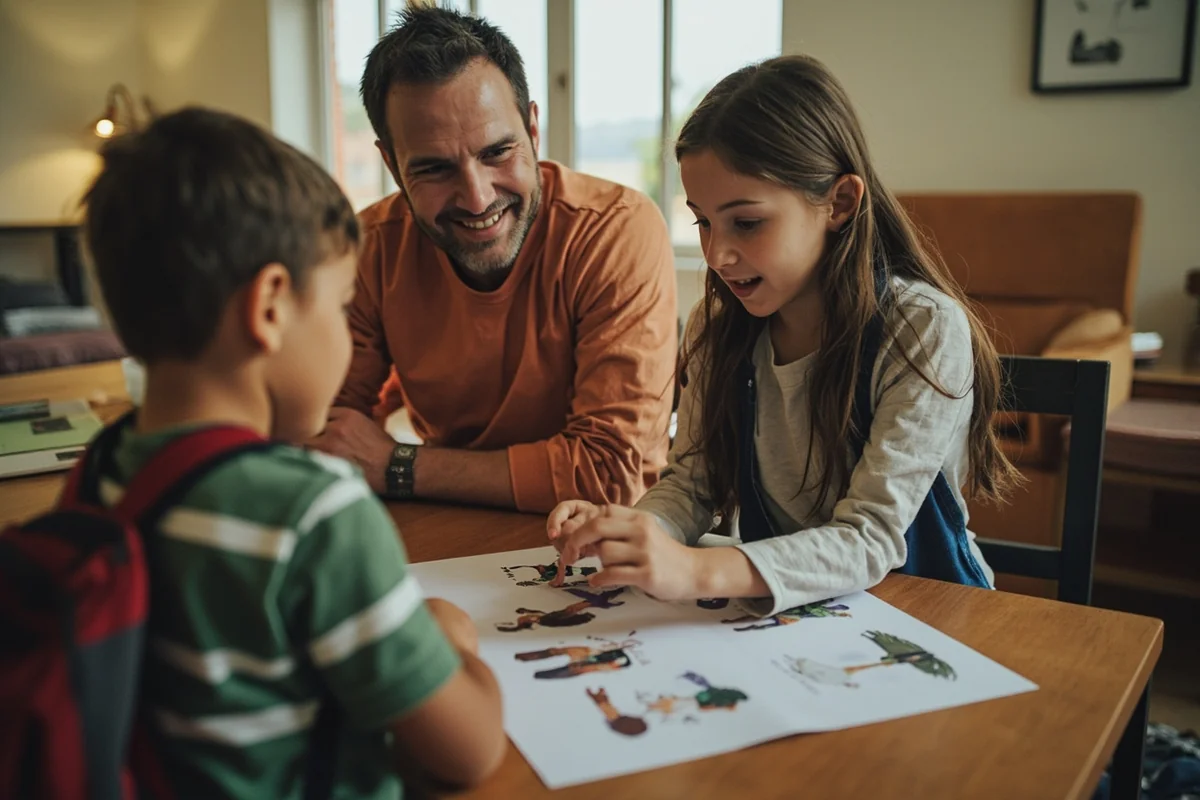 Educational setting showing parent teaching children about wildlife safety using photos or illustrations