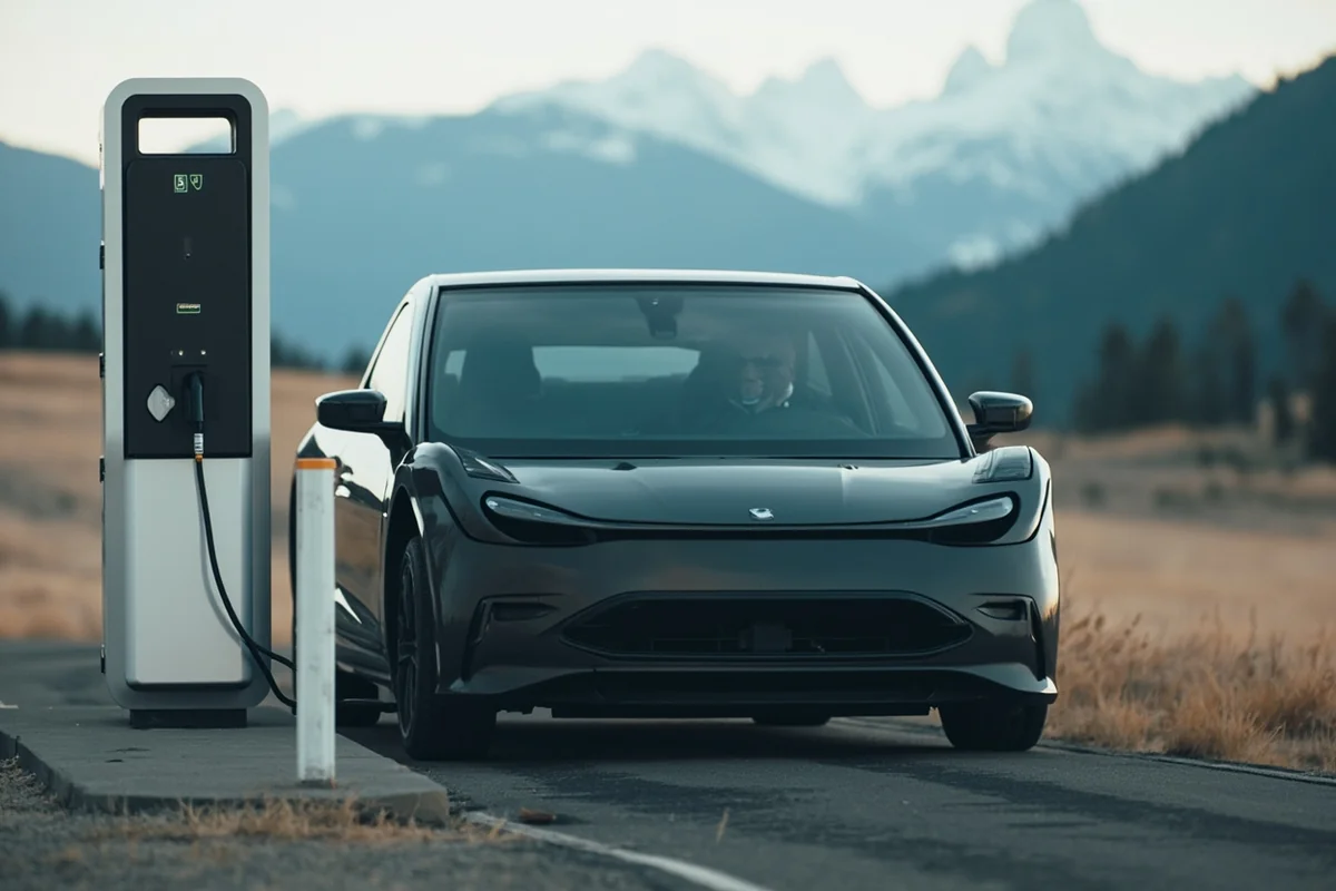 Electric vehicle charging at a station with Montana mountain backdrop