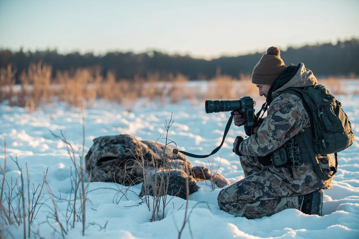 Electronic predator call setup with decoy in snow-covered field