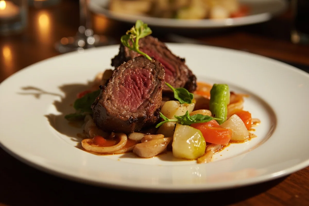 Elegant plated beef tenderloin with seasonal vegetables at Cafe Kandahar