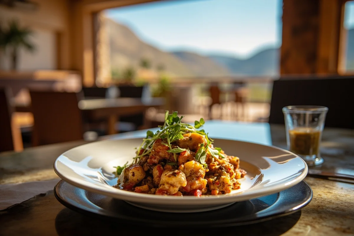 Elegant plated dish at Café Kandahar with mountain lodge ambiance visible