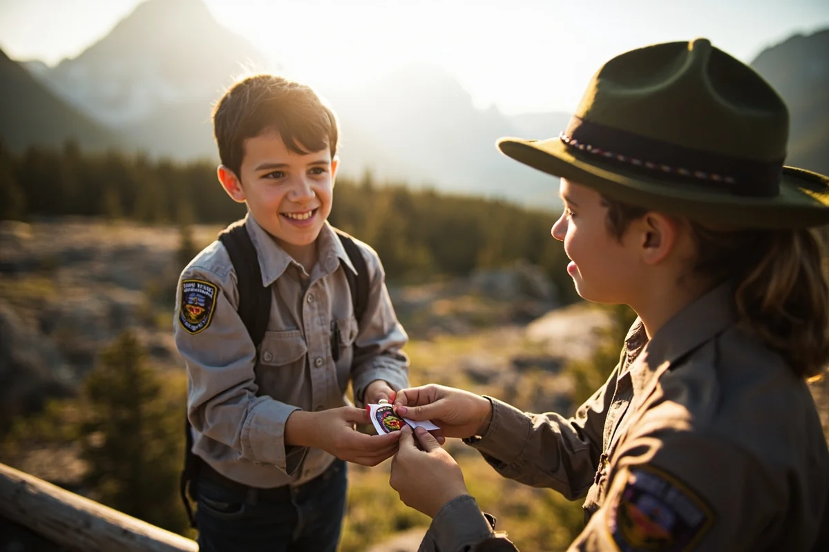 Elementary-age child receiving Junior Ranger badge from park ranger at Glacier