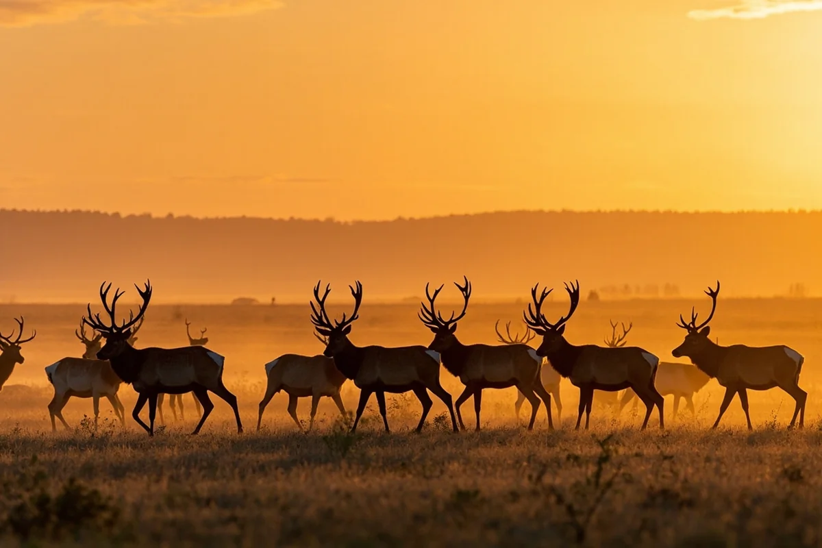 Elk herd at sunrise on the Charles M. Russell National Wildlife Refuge, Missouri River Breaks landscape in background